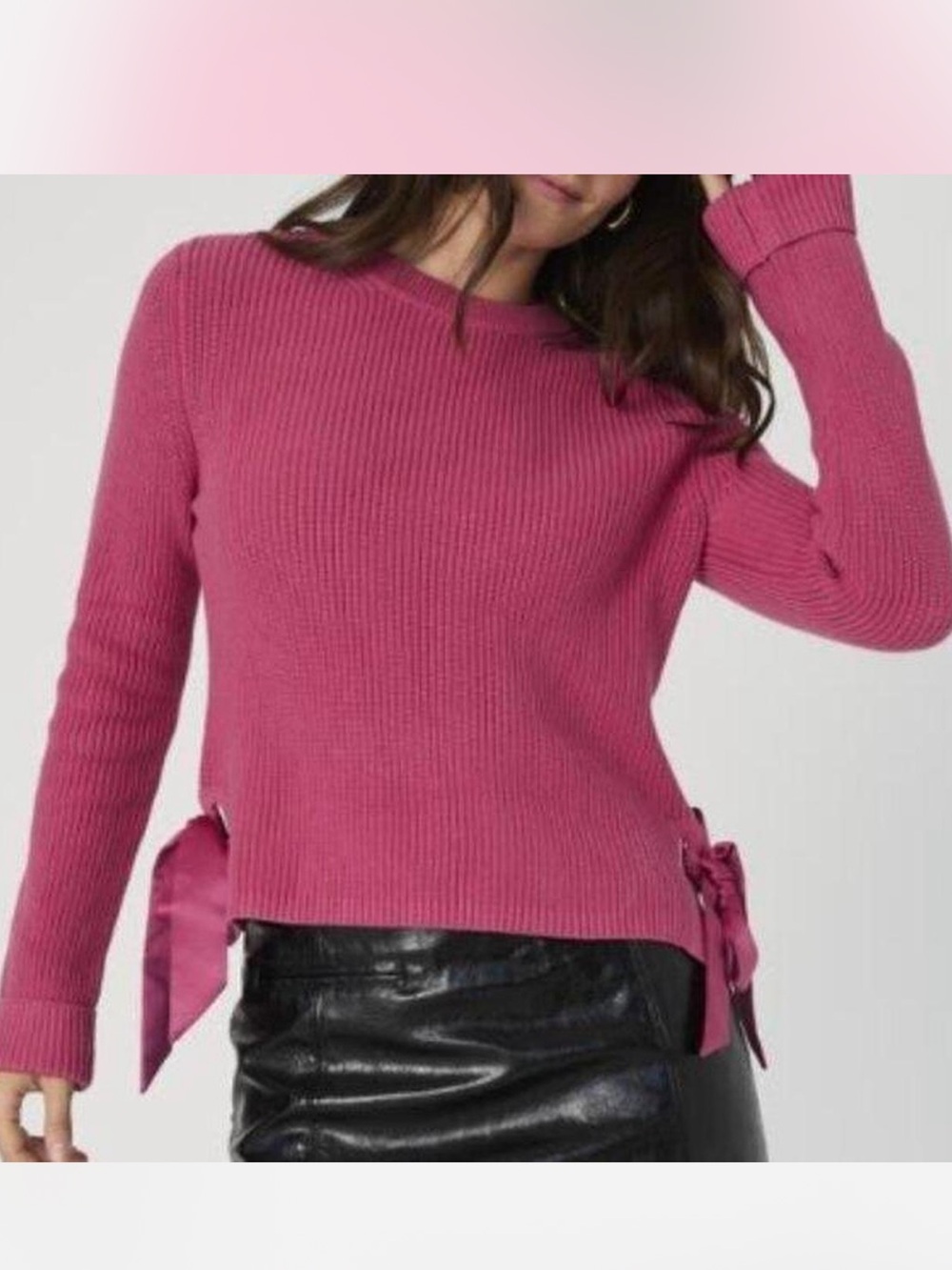 French Connection Pink Rose Kiss Knit Cuffed Sweater Bow Ribbon Size XL NWT